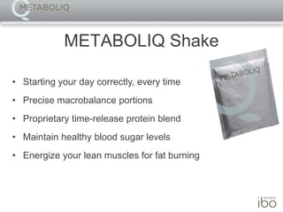 Dispelling Common MythsMyth:All weight loss is goodFact:Weight loss can actually be unhealthyDispelling Common MythsMyth:Dietary Fats make you fatFact:Consuming moderate amounts of fat can help you burn fatDispelling Common MythsMyth:You must use an extreme diet to have dramatic resultsFact:You can actually eat most of the foods your currently and still get incredible resultsDispelling Common MythsMyth:Protein is protein; all equal in benefit. Fact:The type of protein you consume is critical to maximizing results. Dr. Layman uncovered the secret. METABOLIQ PhilosophyMacrobalance - the right ratiosHigh-quality protein