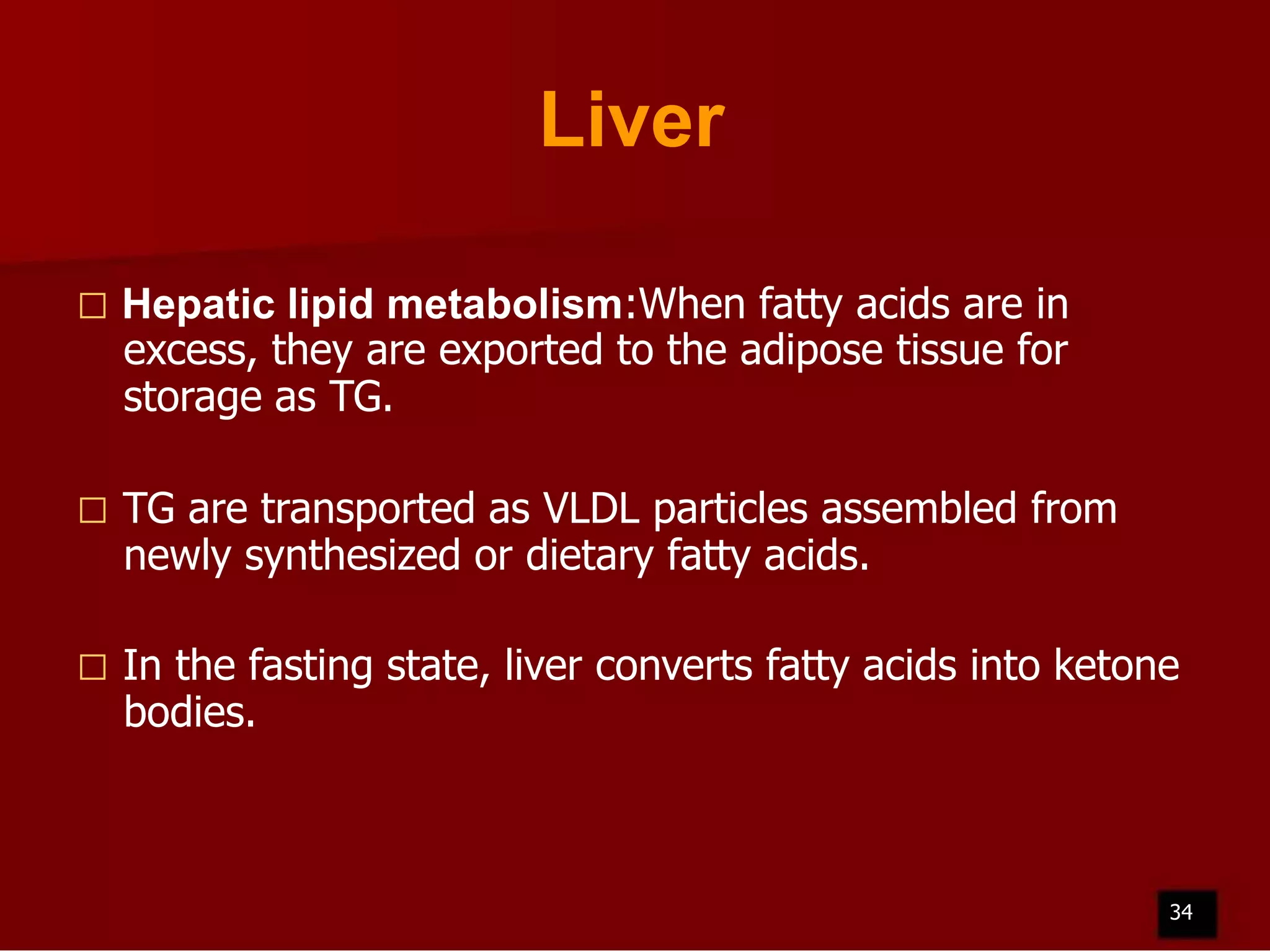 Liver


Hepatic lipid metabolism:When fatty acids are in
excess, they are exported to the adipose tissue for
storage as TG.



TG are transported as VLDL particles assembled from
newly synthesized or dietary fatty acids.



In the fasting state, liver converts fatty acids into ketone
bodies.

34

 