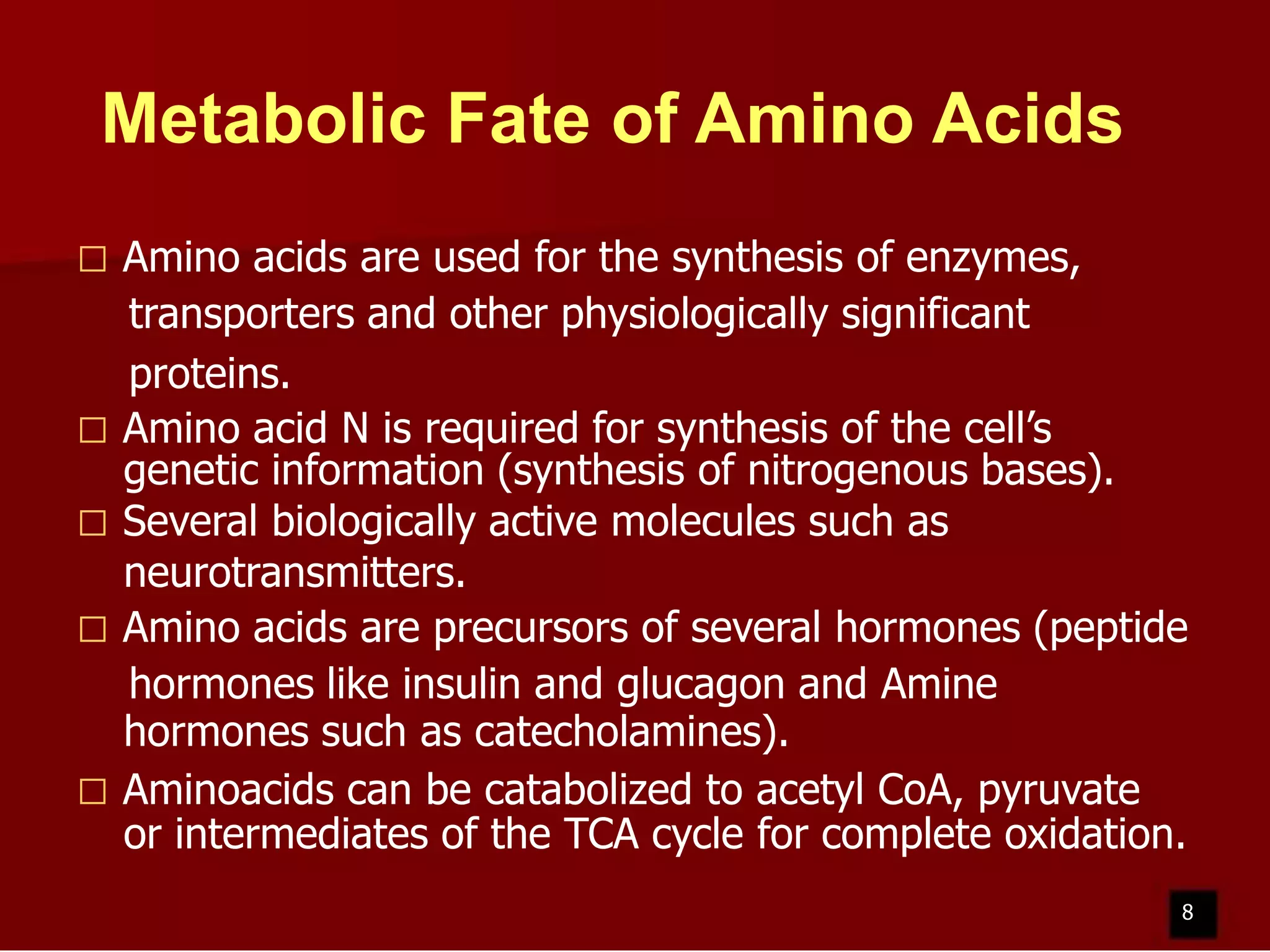 Metabolic Fate of Amino Acids
Amino acids are used for the synthesis of enzymes,
transporters and other physiologically significant
proteins.
 Amino acid N is required for synthesis of the cell’s
genetic information (synthesis of nitrogenous bases).
 Several biologically active molecules such as
neurotransmitters.
 Amino acids are precursors of several hormones (peptide
hormones like insulin and glucagon and Amine
hormones such as catecholamines).
 Aminoacids can be catabolized to acetyl CoA, pyruvate
or intermediates of the TCA cycle for complete oxidation.


8

 
