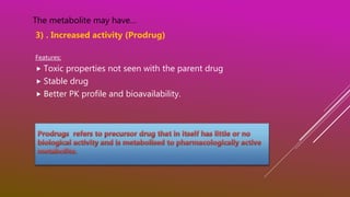 The metabolite may have…
3) . Increased activity (Prodrug)
Features:
 Toxic properties not seen with the parent drug
 Stable drug
 Better PK profile and bioavailability.
 