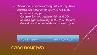 CYTOCHROME P450
RH + O2+ H++ NADPH ROH + H2O + NADP+
• Microsomal enzyme ranking first among Phase I
enzymes with respect to catalytic versatility
• Heme-containing proteins
Complex formed between Fe2+ and CO
absorbs light maximally at 450 (447-452nm)
Overall reaction proceeds by catalytic cycle:
 