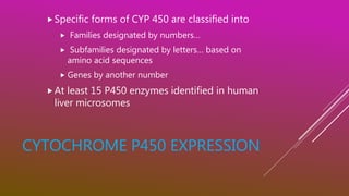 CYTOCHROME P450 EXPRESSION
Specific forms of CYP 450 are classified into
 Families designated by numbers…
 Subfamilies designated by letters… based on
amino acid sequences
 Genes by another number
At least 15 P450 enzymes identified in human
liver microsomes
 