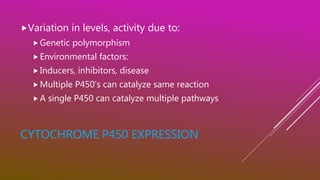 CYTOCHROME P450 EXPRESSION
Variation in levels, activity due to:
 Genetic polymorphism
 Environmental factors:
 Inducers, inhibitors, disease
 Multiple P450’s can catalyze same reaction
 A single P450 can catalyze multiple pathways
 