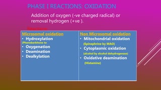 PHASE I REACTIONS: OXIDATION
Addition of oxygen (-ve charged radical) or
removal hydrogen (+ve ).
Reactions
Microsomal oxidation
• Hydroxylation
(Phenobarbitone to
• Oxygenation
• Deamination
• Dealkylation
Non Microsomal oxidation
• Mitochondrial oxidation
(Epinephrine by MAO)
• Cytoplasmic oxidation
(alcohol by alcohol dehydrogenase)
• Oxidative deamination
(Histamine)
 