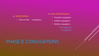 PHASE II: CONJUGATIONS
 MICROSOMAL
 Glucuronide conjugation
 NON-MICROSOMAL
 N acetyl conjugation
 Sulfate conjugation
 Methyl conjugation
Glutathione
conjugation
 