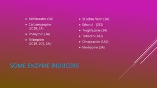 SOME ENZYME INDUCERS
 Barbiturates (3A)
 Carbamazepine
(2C19, 3A)
 Phenytoin (3A)
 Rifampicin
(2C19, 2C9, 3A)
 St Johns Wort (3A)
 Ethanol (2E1)
 Troglitazone (3A)
 Tobacco (1A2)
 Omeprazole (1A2)
 Nevirapine (3A)
 