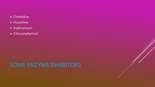 SOME ENZYME INHIBITORS
 Cimetidine
 Fluoxetine
 Erythromycin
 Chloramphenicol
 