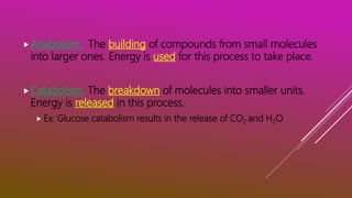 Anabolism: The building of compounds from small molecules
into larger ones. Energy is used for this process to take place.
Catabolism: The breakdown of molecules into smaller units.
Energy is released in this process.
 Ex: Glucose catabolism results in the release of CO2 and H2O
 