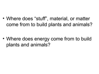 • Where does “stuff”, material, or matter
come from to build plants and animals?
• Where does energy come from to build
plants and animals?
 