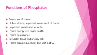 Functions of Phosphates
 Formation of bones.
 Like calcium, important component of teeth.
 Important constituent of cells.
 Forms energy rich bonds in ATP.
 Forms co-enzymes.
 Regulates blood and urinary pH.
 Forms organic molecules like DNA & RNA.
 