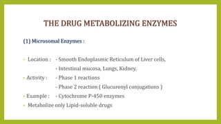 THE DRUG METABOLIZING ENZYMES
(1) Microsomal Enzymes :
• Location : - Smooth Endoplasmic Reticulum of Liver cells,
- Intestinal mucosa, Lungs, Kidney.
• Activity : - Phase 1 reactions
- Phase 2 reaction ( Glucuronyl conjugations )
• Example : - Cytochrome P-450 enzymes
• Metabolize only Lipid-soluble drugs
 