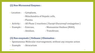 (2) Non-Microsomal Enzymes :
• Location : - Cytoplasm,
- Mitochondria of Hepatic cells,
- Plasma.
• Activity : - All Phase 2 reactions ( Except Glucuronyl conjugation )
• Example : - Esterase, - Monoamine Oxidase (MAO),
- Amidase, - Transferase.
(3) Non-enzymatic ( Hofmann ) Elimination :
• Spontaneous Molecular rearrangement, without any enzyme action
• Example - Atracurium
04-Jan-14 14
 