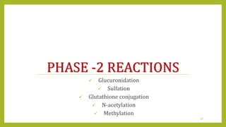 PHASE -2 REACTIONS
 Glucuronidation
 Sulfation
 Glutathione conjugation
 N-acetylation
 Methylation
28
 