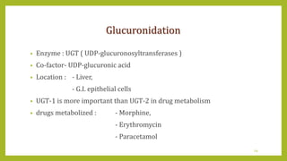 Glucuronidation
• Enzyme : UGT ( UDP-glucuronosyltransferases )
• Co-factor- UDP-glucuronic acid
• Location : - Liver,
- G.I. epithelial cells
• UGT-1 is more important than UGT-2 in drug metabolism
• drugs metabolized : - Morphine,
- Erythromycin
- Paracetamol
29
 