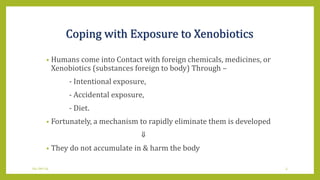 Coping with Exposure to Xenobiotics
• Humans come into Contact with foreign chemicals, medicines, or
Xenobiotics (substances foreign to body) Through –
- Intentional exposure,
- Accidental exposure,
- Diet.
• Fortunately, a mechanism to rapidly eliminate them is developed
⇓
• They do not accumulate in & harm the body
04-Jan-14 3
 