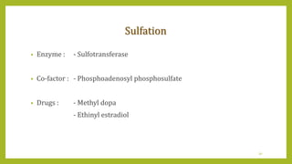 Sulfation
• Enzyme : - Sulfotransferase
• Co-factor : - Phosphoadenosyl phosphosulfate
• Drugs : - Methyl dopa
- Ethinyl estradiol
30
 