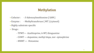 Methylation
• Cofactor : - S-Adenosylmethionine [ SAM ]
• Enzyme : - Methyltransferase ( MT ) (cytosol)
• Highly substrate specific
• Drugs :
- TPMT--- Azathioprine, 6-MT, thioguanine
- COMT --- dopamine, methyl dopa, nor- epinephrine
- HNMT --- Histamine
33
 