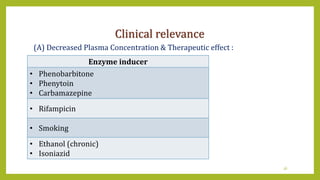 Clinical relevance
(A) Decreased Plasma Concentration & Therapeutic effect :
36
Enzyme inducer
• Phenobarbitone
• Phenytoin
• Carbamazepine
• Rifampicin
• Smoking
• Ethanol (chronic)
• Isoniazid
 