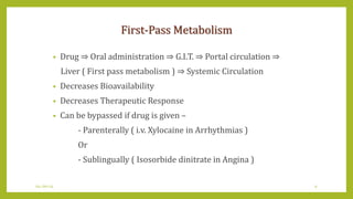 First-Pass Metabolism
• Drug ⇒ Oral administration ⇒ G.I.T. ⇒ Portal circulation ⇒
Liver ( First pass metabolism ) ⇒ Systemic Circulation
• Decreases Bioavailability
• Decreases Therapeutic Response
• Can be bypassed if drug is given –
- Parenterally ( i.v. Xylocaine in Arrhythmias )
Or
- Sublingually ( Isosorbide dinitrate in Angina )
04-Jan-14 9
 