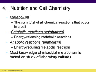 4.1 Nutrition and Cell Chemistry
• Metabolism
– The sum total of all chemical reactions that occur
in a cell
• Catabolic reactions (catabolism)
– Energy-releasing metabolic reactions
• Anabolic reactions (anabolism)
– Energy-requiring metabolic reactions
• Most knowledge of microbial metabolism is
based on study of laboratory cultures
© 2012 Pearson Education, Inc.
 