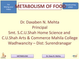 For
Mixing your
Video

Broadcasting
LOGO

METABOLISM OF FOOD

Dr. Daxaben N. Mehta
Principal
Smt. S.C.U.Shah Home Science and
C.U.Shah Arts & Commerce Mahila College
Wadhwancity – Dist: Surendranagar
METABOLISM

Dr. Daxa N. Mehta

 