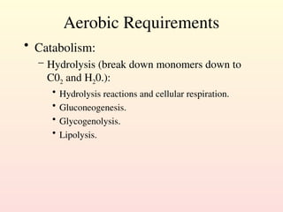 Aerobic Requirements
• Catabolism:
– Hydrolysis (break down monomers down to
C02 and H20.):
• Hydrolysis reactions and cellular respiration.
• Gluconeogenesis.
• Glycogenolysis.
• Lipolysis.
 