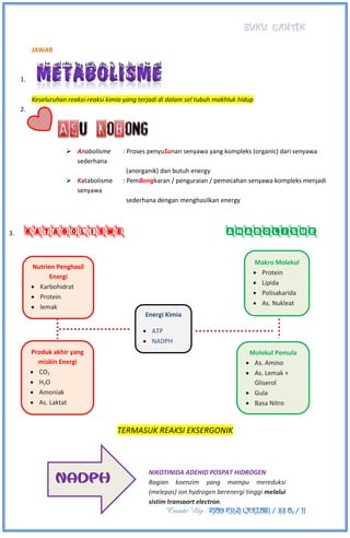 BUKU CANTIK
Create By : DIAN PUJI LESTARI / XII A3 / 11
JAWAB
1.
Keseluruhan reaksi-reaksi kimia yang terjadi di dalam sel tubuh makhluk hidup
2.
 Anabolisme : Proses penyuSunan senyawa yang kompleks (organic) dari senyawa
sederhana
(anorganik) dan butuh energy
 Katabolisme : PemBongkaran / penguraian / pemecahan senyawa kompleks menjadi
senyawa
sederhana dengan menghasilkan energy
3.
TERMASUK REAKSI EKSERGONIK
Energi Kimia
 ATP
 NADPH
Molekul Pemula
 As. Amino
 As. Lemak +
Gliserol
 Gula
 Basa Nitro
Produk akhir yang
miskin Energi
 CO2
 H2O
 Amoniak
 As. Laktat
Makro Molekul
 Protein
 Lipida
 Polisakarida
 As. Nukleat
Nutrien Penghasil
Energi
 Karbohidrat
 Protein
 lemak
NADPH
NIKOTINIDA ADEHID POSPAT HIDROGEN
Bagian koenzim yang mampu mereduksi
(melepas) ion hydrogen berenergi tinggi melalui
sistim transport electron.
 