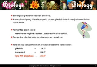 Berlangsung dalam keadaan anaerob.
Asam piruvat yang dihasilkan pada proses glikolisis dubah menjadi etanol atau
asam laktat.


Fermentasi asam laktat
 Pembuatan yoghurt : bakteri Lactobacillus acidophilus.
Fermentasi alkohol oleh Saccharomyces cerevicae


Total energi yang dihasilkan proses katabolisme karbohidrat :
 glikolisis            →          2 ATP
 fermentasi            →          0 ATP
 Total ATP dihasilkan →           2 ATP



                Copyright@2006 Ikke Soehartina. All right reserved              9 9
 