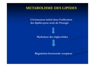 METABOLISME DES LIPIDES


  L’événement initial dans l’utilisation
  des lipides pour avoir de l’énergie




       Hydrolyse des triglycérides




      Régulation hormonale complexe
 