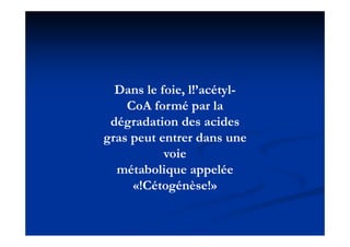 Dans le foie, l!’acétyl-
               ,       y
    CoA formé par la
 dégradation des acides
gras peut entrer dans une
           voie
             i
  métabolique appelée
     «!Cétogénèse!»
 