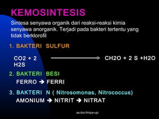 KEMOSINTESIS
Sintesa senyawa organik dari reaksi-reaksi kimia
senyawa anorganik. Terjadi pada bakteri tertentu yang
tidak berklorofil
1. BAKTERI SULFUR

 CO2 + 2                                      CH2O + 2 S +H2O
 H2S
2. BAKTERI BESI
  FERRO  FERRI

3. BAKTERI N ( Nitrosomonas, Nitrococcus)
   AMONIUM  NITRIT  NITRAT

                           as-bio-fmipa-upi
 