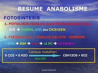 RESUME ANABOLISME
FOTOSINTESIS
1. FOTOLISIS/SIKLUS ELEKTRON/REAKSI HILL
  AIR  NADPH, ATP, dan OKSIGEN

2. FIKSASI CO2 / SIKLUS CALVIN - BENSON
  CO2  RBP  APG  ALPG  GLUKOSA

                Cahaya matahari
6 CO2 + 6 H2O                              C6H12O6 + 6O2
                   klorofil


                        as-bio-fmipa-upi
 