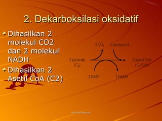2. Dekarboksilasi oksidatif
Dihasilkan 2
molekul CO2
dan 2 molekul
NADH
Dihasilkan 2
Asetil CoA (C2)



                  as-bio-fmipa-upi
 