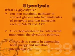 Glycolysis

What is glycolysis?

 Ten step metabolic pathway to
convert glucose into two molecules
of pyruvate and two molecules
each of NADH and ATP.
 All carbohydrates to be catabolized
must enter the glycolytic pathway.
 Glycolysis is central in generating
both energy and metabolic
intermediaries.

 