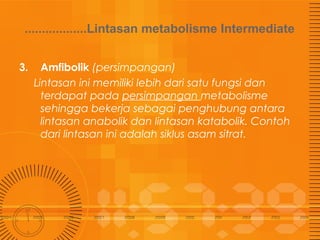 ..................Lintasan metabolisme Intermediate
3.

Amfibolik (persimpangan)
Lintasan ini memiliki lebih dari satu fungsi dan
terdapat pada persimpangan metabolisme
sehingga bekerja sebagai penghubung antara
lintasan anabolik dan lintasan katabolik. Contoh
dari lintasan ini adalah siklus asam sitrat.

 