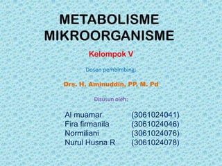 METABOLISME
MIKROORGANISME
         Kelompok V
        Dosen pembimbing:

  Drs. H. Aminuddin, PP. M. Pd

           Disusun oleh:

  Al muamar                (3061024041)
  Fira firmanila           (3061024046)
  Normiliani               (3061024076)
  Nurul Husna R            (3061024078)
 