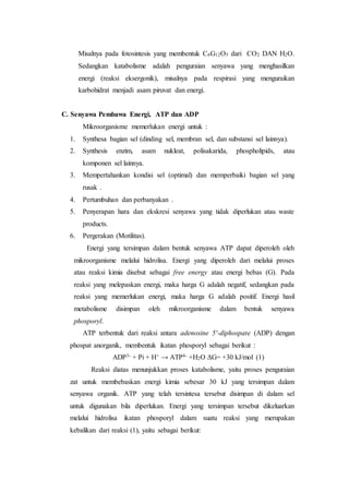 Misalnya pada fotosintesis yang membentuk C6G12O5 dari CO2 DAN H2O.
Sedangkan katabolisme adalah penguraian senyawa yang menghasilkan
energi (reaksi eksergonik), misalnya pada respirasi yang menguraikan
karbohidrat menjadi asam piruvat dan energi.
C. Senyawa Pembawa Energi, ATP dan ADP
Mikroorganisme memerlukan energi untuk :
1. Synthesa bagian sel (dinding sel, membran sel, dan substansi sel lainnya).
2. Synthesis enzim, asam nukleat, polisakarida, phospholipids, atau
komponen sel lainnya.
3. Mempertahankan kondisi sel (optimal) dan memperbaiki bagian sel yang
rusak .
4. Pertumbuhan dan perbanyakan .
5. Penyerapan hara dan ekskresi senyawa yang tidak diperlukan atau waste
products.
6. Pergerakan (Motilitas).
Energi yang tersimpan dalam bentuk senyawa ATP dapat diperoleh oleh
mikroorganisme melalui hidrolisa. Energi yang diperoleh dari melalui proses
atau reaksi kimia disebut sebagai free energy atau energi bebas (G). Pada
reaksi yang melepaskan energi, maka harga G adalah negatif, sedangkan pada
reaksi yang memerlukan energi, maka harga G adalah positif. Energi hasil
metabolisme disimpan oleh mikroorganisme dalam bentuk senyawa
phosporyl.
ATP terbentuk dari reaksi antara adenosine 5′-diphospate (ADP) dengan
phospat anorganik, membentuk ikatan phosporyl sebagai berikut :
ADP3- + Pi + H+ → ATP4- +H2O ΔG= +30 kJ/mol (1)
Reaksi diatas menunjukkan proses katabolisme, yaitu proses penguraian
zat untuk membebaskan energi kimia sebesar 30 kJ yang tersimpan dalam
senyawa organik. ATP yang telah tersintesa tersebut disimpan di dalam sel
untuk digunakan bila diperlukan. Energi yang tersimpan tersebut dikeluarkan
melalui hidrolisa ikatan phosporyl dalam suatu reaksi yang merupakan
kebalikan dari reaksi (1), yaitu sebagai berikut:
 