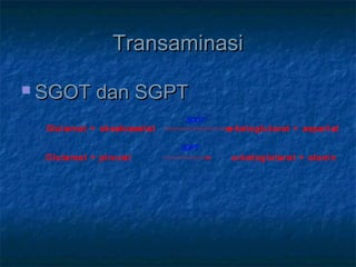 TransaminasiTransaminasi
 SGOT dan SGPTSGOT dan SGPT
Glutamat + oksaloasetat α-ketoglutarat + aspartat
Glutamat + piruvat α-ketoglutarat + alanin
SGOT
SGPT
 