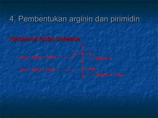 4. Pembentukan arginin dan pirimidin4. Pembentukan arginin dan pirimidin
Karbamoil fosfat sintetaseKarbamoil fosfat sintetase
NH3 + HCO3
-
+ 2ATP
P
O
C NH2
O
+ 2ADP+ P
O
O--
O
+ 2ADP+ P + Glu
Gln + HCO3
-
+ 2ATP
 