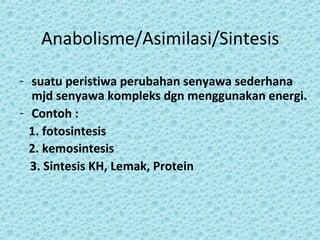 Anabolisme/Asimilasi/Sintesis

- suatu peristiwa perubahan senyawa sederhana
  mjd senyawa kompleks dgn menggunakan energi.
- Contoh :
  1. fotosintesis
  2. kemosintesis
  3. Sintesis KH, Lemak, Protein
 