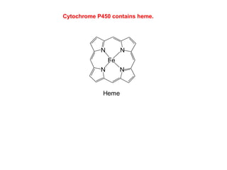 N
NN
N
Fe
Heme
The heme group is a cofactor which contains iron.
Different forms of heme are found in hemoglobins and proteins
known as cytochromes.
The iron in a heme can bind oxygen and transfer electrons.
Cytochrome P450 contains heme.
 