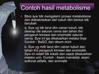 Contoh hasil metabolisme
• Bbrp syw tdk mengalami proses metabolisme
dan diekskresikan dari tubuh dlm bentuk tdk
berubah
a. Syw yg tdk larut dlm cairan tubuh, tdk
diserap ole saluran cerna dan tahan thd
pengaruh kimiawi dan enzimatik saluran
cerna. Syw ini lgs dikeluarkan melalui tinja.
Contoh : BaSO4 dan oleum ricini
b. Syw yg mdh larut dlm cairan tubuh dan
tahan thd pengaruh kimiawi dan enzimatik.
Syw ini relatif tdk toksik dan cepat dikeluarkan
melalui urin. Contoh : Asam mandelat, asam
sulfonat alifatik, dan aromatik
 