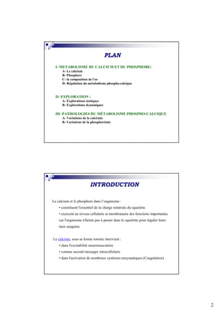 PLAN
  I- METABOLISME DU CALCIUM ET DU PHOSPHORE:
      A- Le calcium
      B- Phosphore
      C- la composition de l’os
      D- Régulation du métabolisme phospho-calcique


  II- EXPLORATION :
      A- Explorations statiques
      B- Explorations dynamiques

  III- PATHOLOGIES DU MÉTABOLISME PHOSPHO-CALCIQUE
      A- Variations de la calcémie
      B- Variations de la phosphorémie




                         INTRODUCTION

Le calcium et le phosphore dans l’organisme :
    • constituent l'essentiel de la charge minérale du squelette.
    • exercent au niveau cellulaire et membranaire des fonctions importantes
    car l'organisme n'hésite pas à puiser dans le squelette pour réguler leurs
    taux sanguins.


Le calcium, sous sa forme ionisée intervient :
    • dans l'excitabilité neuromusculaire
    • comme second messager intracellulaire
    • dans l'activation de nombreux systèmes enzymatiques (Coagulation).




                                                                                 2
 