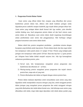 1. Penguraian Protein Dalam Tubuh
Asam amino yang dibuat dalam hati, maupun yang dihasilkan dari proses
katabolisme protein dalam hati, dibawa oleh darah kedalam jaringan untuk
digunakan.proses anabolik maupun katabolik juga terjadi dalam jaringan diluar hati.
Asam amino yang terdapat dalam darah berasal dari tiga sumber, yaitu absorbsi
melalui dinding usus, hasil penguraian protein dalam sel dan hasil sintesis asam
amino dalam sel. Banyaknya asam amino dalam darah tergantung keseimbangan
antara pembentukan asam amino dan penggunaannya. Hati berfungsi sebagai
pengatur konsentrasi asam amino dalam darah.
Dalam tubuh kita, protein mengalami perubahan – perubahan tertentu dengan
kecepatan yang berbeda untuk tiap protein. Protein dalam darah, hati dan organ tubuh
lain mempunyai waktu paruh antara 2,5 sampai 10 hari. Protein yang terdapat pada
jaringan otot mempunyai waktu paruh 120 hari. Rata-rata tiap hari 1,2 gram protein
per kilogram berat badan diubah menjadi senyawa lain. Ada tiga kemungkinan
mekanisme perubahan protein, yaitu :
1) Sel-sel mati, lalu komponennya mengalami proses penguraian atau
katabolisme dan dibentuk sel – sel baru.
2) Masing-masing protein mengalami proses penguraian dan terjadi sintesis
protein baru, tanpa ada sel yang mati.
3) Protein dikeluarkan dari dalam sel diganti dengan sintesis protein baru.
Protein dalam makanan diperlukan untuk menyediakan asam amino yang akan
digunakan untuk memproduksi senyawa nitrogen yang lain, untuk mengganti protein
dalam jaringan yang mengalami proses penguraian dan untuk mengganti nitrogen
yang telah dikeluarkan dari tubuh dalam bentuk urea. Ada beberapa asam amino yang
dibutuhkan oleh tubuh, tetapi tidak dapat diproduksi oleh tubuh dalam jumlah yang
 