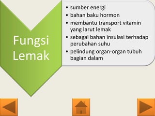 Fungsi
Lemak
• sumber energi
• bahan baku hormon
• membantu transport vitamin
yang larut lemak
• sebagai bahan insulasi terhadap
perubahan suhu
• pelindung organ-organ tubuh
bagian dalam
 