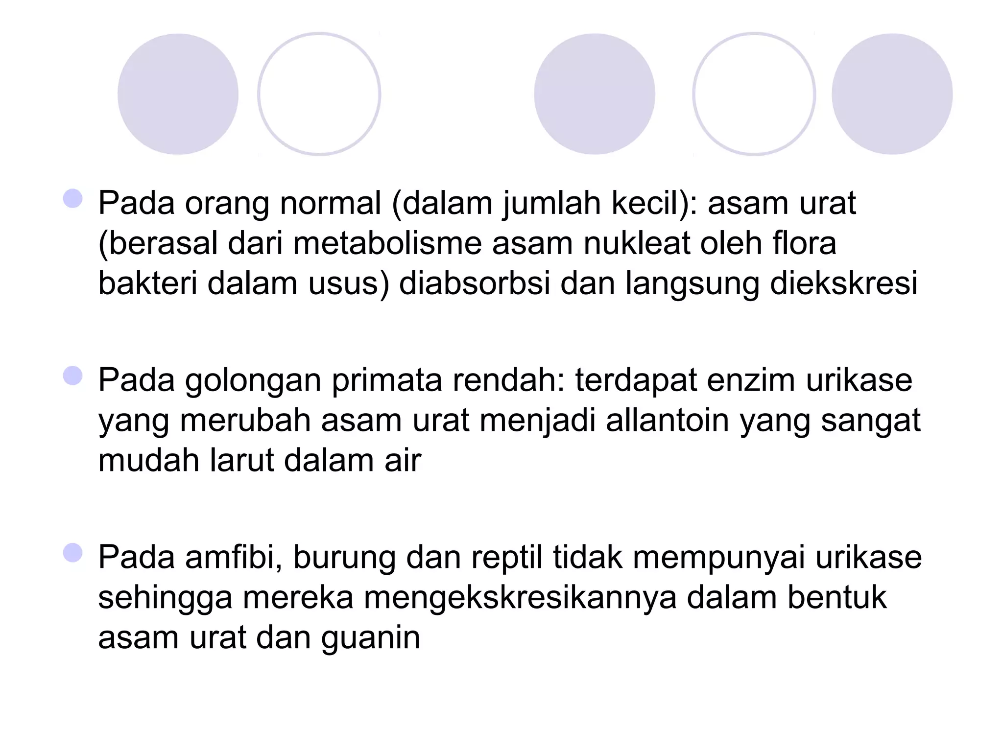 Pada orang normal (dalam jumlah kecil): asam urat
(berasal dari metabolisme asam nukleat oleh flora
bakteri dalam usus) diabsorbsi dan langsung diekskresi
Pada golongan primata rendah: terdapat enzim urikase
yang merubah asam urat menjadi allantoin yang sangat
mudah larut dalam air
Pada amfibi, burung dan reptil tidak mempunyai urikase
sehingga mereka mengekskresikannya dalam bentuk
asam urat dan guanin
 