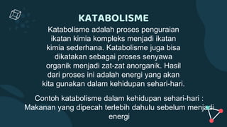 KATABOLISME
Katabolisme adalah proses penguraian
ikatan kimia kompleks menjadi ikatan
kimia sederhana. Katabolisme juga bisa
dikatakan sebagai proses senyawa
organik menjadi zat-zat anorganik. Hasil
dari proses ini adalah energi yang akan
kita gunakan dalam kehidupan sehari-hari.
Contoh katabolisme dalam kehidupan sehari-hari :
Makanan yang dipecah terlebih dahulu sebelum menjadi
energi
 