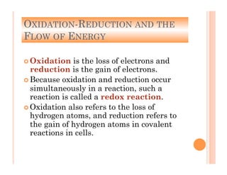 6-33
OXIDATION-REDUCTION AND THE
FLOW OF ENERGY
! Oxidation is the loss of electrons and
reduction is the gain of electrons.
! Because oxidation and reduction occur
simultaneously in a reaction, such a
reaction is called a redox reaction.
! Oxidation also refers to the loss of
hydrogen atoms, and reduction refers to
the gain of hydrogen atoms in covalent
reactions in cells.
 