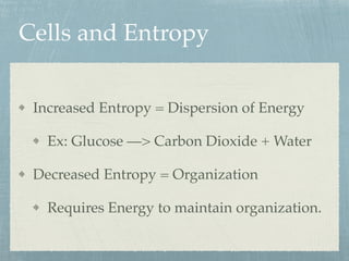 Cells and Entropy
Increased Entropy = Dispersion of Energy
Ex: Glucose —> Carbon Dioxide + Water
Decreased Entropy = Organization
Requires Energy to maintain organization.
 