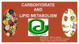 CARBOHYDRATE
AND
LIPID METABOLISM
Submitted by : Meet H. Padhiyar
Submitted to : Mr. J S Patel (asst. Professor)
College of basic science and Humanities
1
 